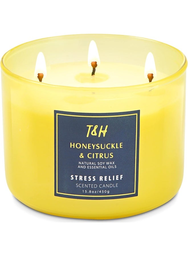 T&H Large 3-Wick Aromatherapy Scented Candles for Home - Honeysuckle Citrus Stress Relief Candle with Grapefruit & Mint - Natural Soy Candles Clean Burning - Relaxing Candle for Women & Men - Image 1